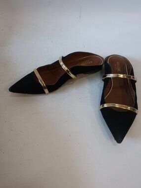 Women Malone Souliers Maureen Black Gold Suede Pointy Slip-On Flat Mule 40 US/10